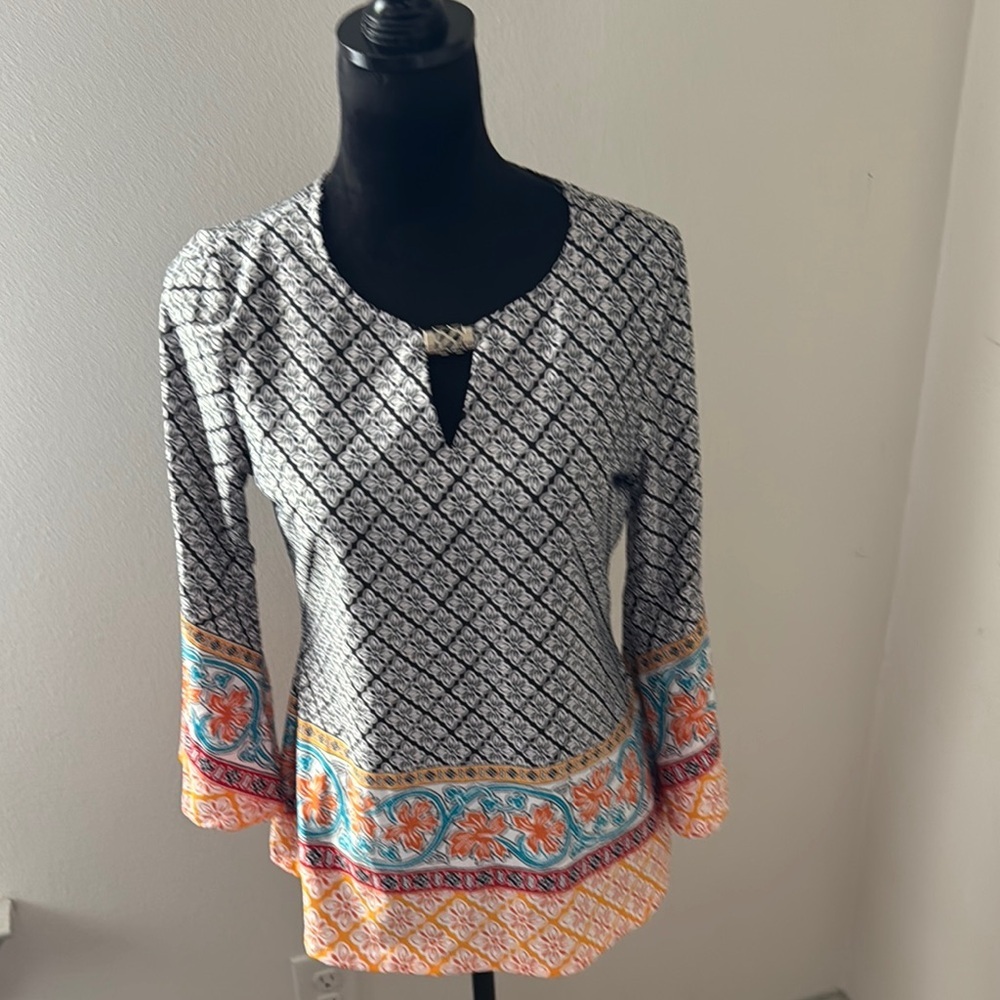 Zac & Rachel Petite Sz PM bell sleeves pullover‎ print top blouse